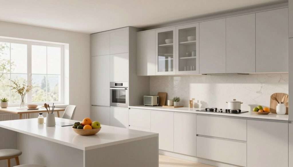 A serene contemporary kitchen designed with light colors, showcasing a seamless palette of soft whites, pale greys, and gentle pastels. In the foreground, a sleek white countertop adorned with minimalistic kitchen tools, and a bowl of fresh, colorful fruits adds a touch of vibrancy. The middle of the image features custom cabinetry with glass doors, reflecting the natural light pouring in from a large window. The background captures a view of the kitchen’s charming dining nook, accented with tasteful decor, harmonious in color. The scene is bathed in soft, natural lighting that enhances the airy atmosphere, creating a sense of spaciousness. The composition is captured from a slightly elevated angle, emphasizing the open layout and uncluttered design. A serene contemporary kitchen designed with light colors, showcasing a seamless palette of soft whites, pale greys, and gentle pastels. In the foreground, a sleek white countertop adorned with minimalistic kitchen tools, and a bowl of fresh, colorful fruits adds a touch of vibrancy. The middle of the image features custom cabinetry with glass doors, reflecting the natural light pouring in from a large window. The background captures a view of the kitchen’s charming dining nook, accented with tasteful decor, harmonious in color. The scene is bathed in soft, natural lighting that enhances the airy atmosphere, creating a sense of spaciousness. The composition is captured from a slightly elevated angle, emphasizing the open layout and uncluttered design.