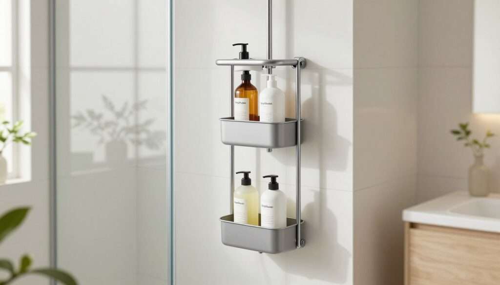 A sleek and modern Simplehuman adjustable and extendable shower caddy displayed in a well-lit, minimalist bathroom setting. In the foreground, focus on the shower caddy showcasing its multiple tiers with an elegant design, highlighting built-in compartments for shampoo, conditioner, and body wash bottles, all neatly arranged. The middle ground features a clear shower with frosted glass doors, while the background includes a calming, neutral-toned bathroom with white tiles and subtle green plants for a touch of freshness. Soft, natural lighting illuminates the scene, creating a bright and inviting atmosphere. The angle should emphasize the functionality and style of the caddy while conveying a sense of organization and cleanliness, ideal for homeowners looking to upgrade their bathroom space.