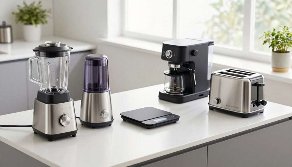 A sleek, modern kitchen counter showcasing a variety of efficient multi-purpose kitchen appliances. In the foreground, a stylish blender, a compact food processor, and a multifunctional toaster are beautifully arranged. The middle features a digital scale and an elegant coffee maker, all harmoniously designed with stainless steel and matte black finishes. The background reveals bright, natural lighting streaming through a large window, reflecting off the clean, uncluttered surfaces. The atmosphere is fresh and inviting, conveying a sense of organization and minimalism. A simple plant sits in the corner, adding a touch of greenery without detracting from the focus on the appliances. The angle is slightly above eye level, capturing the entire setup in a harmonious, functional kitchen space.