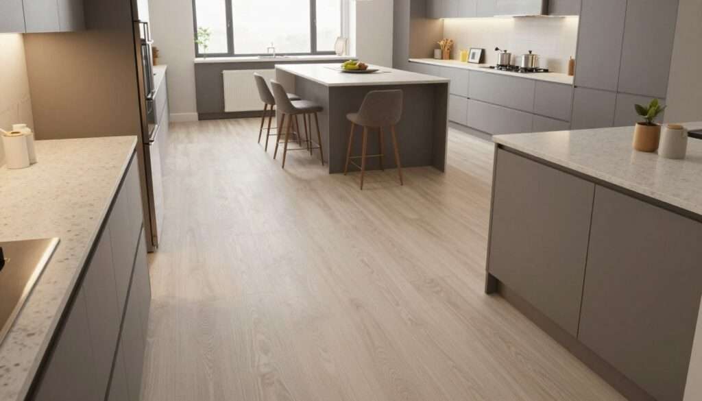 A spacious small kitchen featuring seamless flooring that visually stretches the space. In the foreground, there are sleek cabinets with a minimalist design, complemented by a countertop made of polished quartz. The middle area showcases a large island with bar stools, perfect for casual dining. In the background, a window allows natural light to flood in, illuminating the soft hues of gray and white throughout the kitchen. The lighting is warm and inviting, creating a cozy atmosphere. The angle is slightly elevated, providing a comprehensive view of the layout, making the kitchen appear airy and larger than it is. The overall mood conveys modern simplicity with clean lines and a functional design, emphasizing space enhancement through flooring and layout. A spacious small kitchen featuring seamless flooring that visually stretches the space. In the foreground, there are sleek cabinets with a minimalist design, complemented by a countertop made of polished quartz. The middle area showcases a large island with bar stools, perfect for casual dining. In the background, a window allows natural light to flood in, illuminating the soft hues of gray and white throughout the kitchen. The lighting is warm and inviting, creating a cozy atmosphere. The angle is slightly elevated, providing a comprehensive view of the layout, making the kitchen appear airy and larger than it is. The overall mood conveys modern simplicity with clean lines and a functional design, emphasizing space enhancement through flooring and layout.