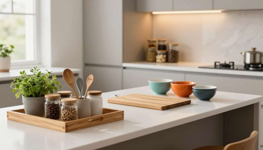 A stylish apartment kitchen design featuring an organized countertop that emphasizes space-saving décor. In the foreground, a wooden tray holds a decorative assortment of potted herbs, spice jars, and minimalist kitchen tools, creating a functional yet appealing aesthetic. The middle section showcases a sleek, white countertop adorned with a bamboo cutting board and a grouping of colorful ceramic bowls, arranged artfully yet practically. The background reveals modern cabinetry with subtle lighting that creates a warm ambiance, featuring glass jars filled with kitchen staples. The overall atmosphere is bright and inviting, with natural light streaming through a nearby window, enhancing the textures and colors of the décor. The image captures the essence of efficient and beautiful apartment kitchen living. A stylish apartment kitchen design featuring an organized countertop that emphasizes space-saving décor. In the foreground, a wooden tray holds a decorative assortment of potted herbs, spice jars, and minimalist kitchen tools, creating a functional yet appealing aesthetic. The middle section showcases a sleek, white countertop adorned with a bamboo cutting board and a grouping of colorful ceramic bowls, arranged artfully yet practically. The background reveals modern cabinetry with subtle lighting that creates a warm ambiance, featuring glass jars filled with kitchen staples. The overall atmosphere is bright and inviting, with natural light streaming through a nearby window, enhancing the textures and colors of the décor. The image captures the essence of efficient and beautiful apartment kitchen living.