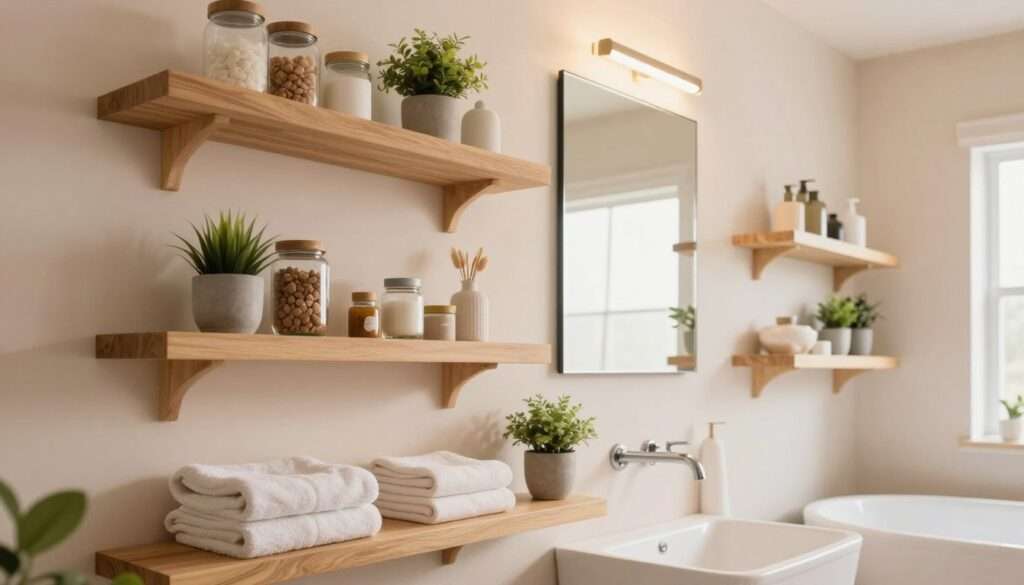 A stylish bathroom featuring floating shelves against a pastel-colored wall. In the foreground, neatly arranged wooden shelves display decorative jars, potted plants, and plush towels, creating a clean and organized look. The middle section displays a mirror above the shelves, reflecting soft ambient lighting from an overhead fixture. In the background, subtle details like a sleek bathtub and minimalist accessories add to the modern aesthetic. The scene is well-lit, casting warm tones that enhance the inviting atmosphere. The angle captures the shelving units from a slight low perspective, emphasizing their height and practicality. Overall, the image conveys a sense of meticulous organization and contemporary design, perfect for a bathroom setting. A stylish bathroom featuring floating shelves against a pastel-colored wall. In the foreground, neatly arranged wooden shelves display decorative jars, potted plants, and plush towels, creating a clean and organized look. The middle section displays a mirror above the shelves, reflecting soft ambient lighting from an overhead fixture. In the background, subtle details like a sleek bathtub and minimalist accessories add to the modern aesthetic. The scene is well-lit, casting warm tones that enhance the inviting atmosphere. The angle captures the shelving units from a slight low perspective, emphasizing their height and practicality. Overall, the image conveys a sense of meticulous organization and contemporary design, perfect for a bathroom setting.