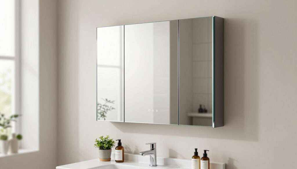 A stylish, contemporary mirrored medicine cabinet mounted on a light-colored wall in a modern bathroom setting. The cabinet features clean lines and a sleek design, with multiple mirrored doors reflecting the ambient lighting. In the foreground, a chic white countertop with neatly organized toiletries and a small potted plant adds a touch of greenery. The middle ground showcases the mirrored cabinet in detail, its reflections enhancing the sense of space and light. The background is softly blurred, hinting at stylish bathroom tiles and soft, natural lighting streaming in from a frosted window, creating a serene and organized atmosphere. The overall mood is clean, minimalist, and inviting, ideal for a small space solution. A stylish, contemporary mirrored medicine cabinet mounted on a light-colored wall in a modern bathroom setting. The cabinet features clean lines and a sleek design, with multiple mirrored doors reflecting the ambient lighting. In the foreground, a chic white countertop with neatly organized toiletries and a small potted plant adds a touch of greenery. The middle ground showcases the mirrored cabinet in detail, its reflections enhancing the sense of space and light. The background is softly blurred, hinting at stylish bathroom tiles and soft, natural lighting streaming in from a frosted window, creating a serene and organized atmosphere. The overall mood is clean, minimalist, and inviting, ideal for a small space solution.