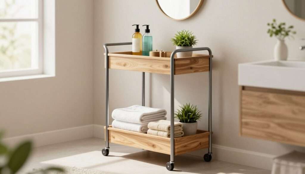 A stylish freestanding bathroom storage unit, showcasing a modern, multi-tiered cart in a serene bathroom setting. The cart, made of sleek metal and natural wood, features neatly arranged towels, toiletries, and decorative plants. In the foreground, soft natural lighting streams in from a window, illuminating the vibrant colors of the stored items. The middle ground displays the cart prominently against a light, neutral-toned bathroom wall, adding to the airy feel. The background features minimalist decor, such as a hanging mirror and a potted plant, enhancing the overall calm and organized atmosphere. The image should have a warm, inviting mood, captured with a soft focus lens to make the cart the focal point of the composition.