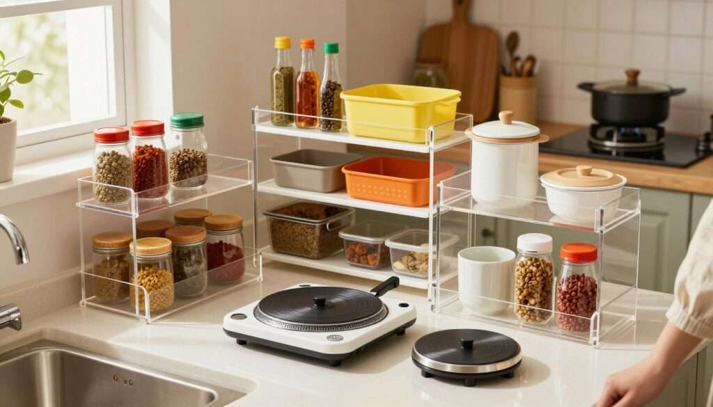 A stylish, modern kitchen featuring innovative space-saving organizers designed for small apartments. In the foreground, prominently display a variety of turntables and Lazy Susans crafted from sleek, clear acrylic, elegantly holding a mix of spices, condiments, and small kitchen gadgets. The middle ground showcases neatly organized shelves, optimizing corner spaces with tiered organizers and vibrant containers. The background introduces a cozy kitchen ambiance, with warm, natural lighting filtering through a window, highlighting the clever use of space. Capture the scene from a slightly elevated angle, as if from a person's perspective, to emphasize the practicality and aesthetic appeal of the organizers. The overall mood is functional yet inviting, reflecting a tidy, efficient cooking environment. A stylish, modern kitchen featuring innovative space-saving organizers designed for small apartments. In the foreground, prominently display a variety of turntables and Lazy Susans crafted from sleek, clear acrylic, elegantly holding a mix of spices, condiments, and small kitchen gadgets. The middle ground showcases neatly organized shelves, optimizing corner spaces with tiered organizers and vibrant containers. The background introduces a cozy kitchen ambiance, with warm, natural lighting filtering through a window, highlighting the clever use of space. Capture the scene from a slightly elevated angle, as if from a person's perspective, to emphasize the practicality and aesthetic appeal of the organizers. The overall mood is functional yet inviting, reflecting a tidy, efficient cooking environment.