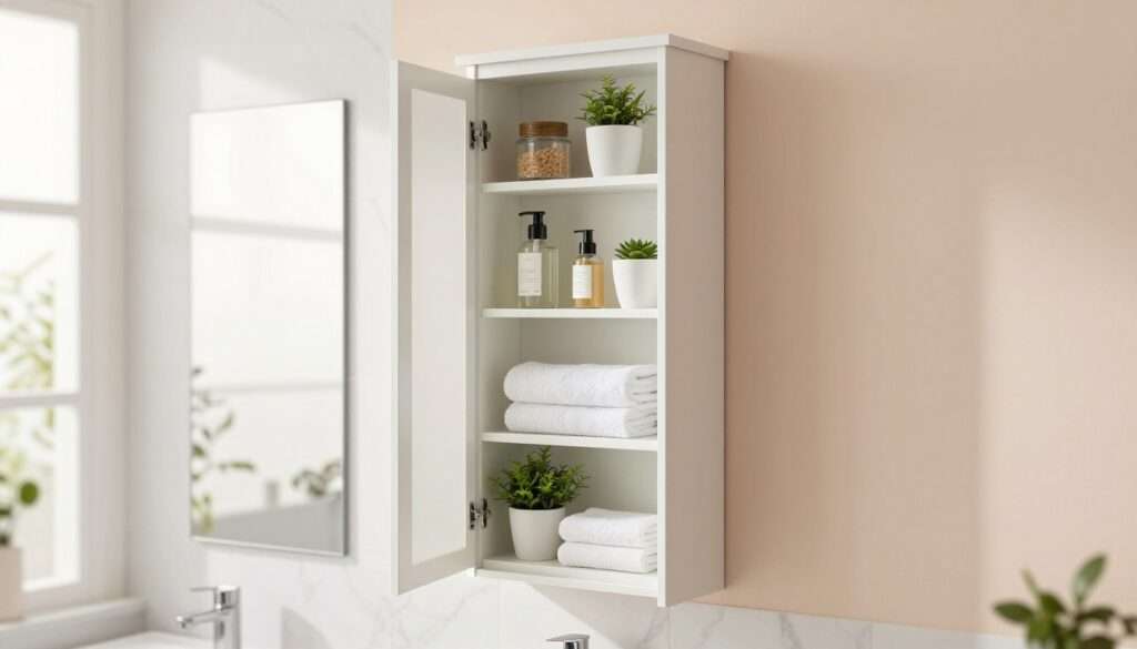 A stylish, narrow vertical storage cabinet designed for a small bathroom setting, showcasing an elegant, clean aesthetic. The cabinet features multiple slim shelves filled with neatly organized bathroom essentials such as towels, toiletries, and decorative plants. The foreground highlights the cabinet's sleek lines and modern hardware, while the middle ground includes a bright, airy bathroom ambiance with subtle marble tiles and a large mirror reflecting soft natural light. The background fades into calming pastel-colored walls, creating a serene atmosphere. The overall mood is inviting and practical, emphasizing efficient use of space in a contemporary design. Use soft, diffused lighting to enhance the warmth and cleanliness of the scene, captured with a slightly elevated angle to emphasize verticality. No text or watermarks should be present. A stylish, narrow vertical storage cabinet designed for a small bathroom setting, showcasing an elegant, clean aesthetic. The cabinet features multiple slim shelves filled with neatly organized bathroom essentials such as towels, toiletries, and decorative plants. The foreground highlights the cabinet's sleek lines and modern hardware, while the middle ground includes a bright, airy bathroom ambiance with subtle marble tiles and a large mirror reflecting soft natural light. The background fades into calming pastel-colored walls, creating a serene atmosphere. The overall mood is inviting and practical, emphasizing efficient use of space in a contemporary design. Use soft, diffused lighting to enhance the warmth and cleanliness of the scene, captured with a slightly elevated angle to emphasize verticality. No text or watermarks should be present.
