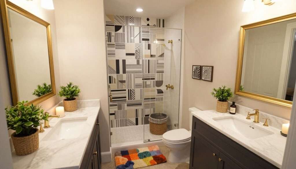 A stylish small bathroom featuring budget-friendly decor upgrades that exude a high-end feel. In the foreground, a chic vanity with a modern mirror framed in gold, complemented by potted greenery and elegant candles. The middle ground showcases a beautifully tiled shower area with striking graphic tiles, a plush, colorful bath mat, and innovative storage solutions, like decorative baskets. In the background, soft, ambient lighting cascades from recessed ceiling lights, enhancing the marble or quartz countertop. The mood is warm, inviting, and sophisticated, with a focus on maximizing space without compromising style. Captured from a slightly elevated angle, allowing the viewer to appreciate the overall layout and decor harmoniously combined in this functional, luxurious environment. A stylish small bathroom featuring budget-friendly decor upgrades that exude a high-end feel. In the foreground, a chic vanity with a modern mirror framed in gold, complemented by potted greenery and elegant candles. The middle ground showcases a beautifully tiled shower area with striking graphic tiles, a plush, colorful bath mat, and innovative storage solutions, like decorative baskets. In the background, soft, ambient lighting cascades from recessed ceiling lights, enhancing the marble or quartz countertop. The mood is warm, inviting, and sophisticated, with a focus on maximizing space without compromising style. Captured from a slightly elevated angle, allowing the viewer to appreciate the overall layout and decor harmoniously combined in this functional, luxurious environment.