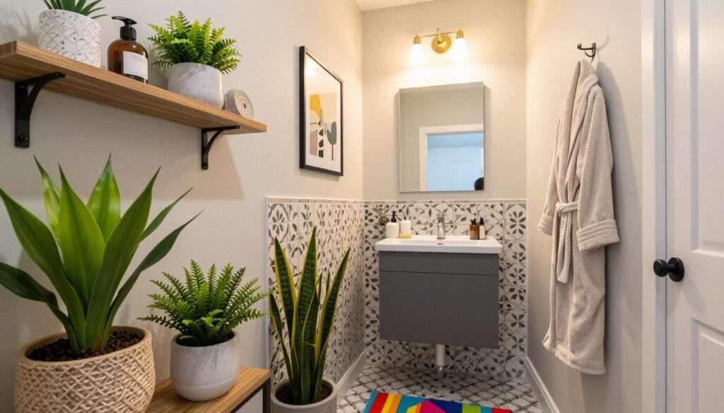 A stylish small bathroom featuring trendy décor ideas that make a big impact. In the foreground, display vibrant plants in chic planters, alongside a well-organized shelf with decorative toiletries and a colorful bath mat. In the middle, feature a modern sink with an elegant mirror decorated with framed artwork and subtle ambient lighting casts a warm glow. The background showcases patterned tiles on the walls and floor, enhancing the visual appeal. Incorporate a cozy bathrobe hanging from a hook and a stylish light fixture overhead. Use natural lighting to create a fresh, inviting ambiance, captured from a wide-angle perspective to emphasize the functionality and beauty of the small space. The overall mood should be cheerful and inspiring, highlighting how small changes can lead to a striking bathroom. A stylish small bathroom featuring trendy décor ideas that make a big impact. In the foreground, display vibrant plants in chic planters, alongside a well-organized shelf with decorative toiletries and a colorful bath mat. In the middle, feature a modern sink with an elegant mirror decorated with framed artwork and subtle ambient lighting casts a warm glow. The background showcases patterned tiles on the walls and floor, enhancing the visual appeal. Incorporate a cozy bathrobe hanging from a hook and a stylish light fixture overhead. Use natural lighting to create a fresh, inviting ambiance, captured from a wide-angle perspective to emphasize the functionality and beauty of the small space. The overall mood should be cheerful and inspiring, highlighting how small changes can lead to a striking bathroom.