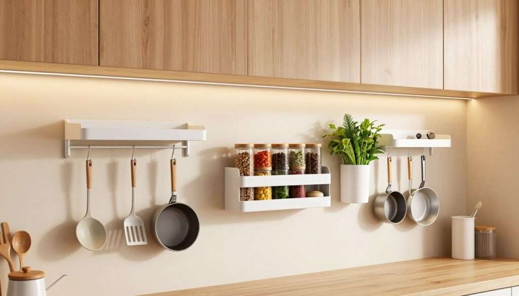 A stylish small kitchen featuring innovative hanging and wall-mounted organizers that maximize space efficiency. In the foreground, display a variety of sleek, minimalist shelves and hooks holding kitchen utensils, pots, and pans. In the middle, showcase a mounted spice rack with colorful jars arranged in an organized manner, and a vertical plant holder with fresh herbs. The background should include a cozy kitchenette with natural wood cabinets and light-colored walls, illuminated by soft, warm lighting to create an inviting atmosphere. Use a wide-angle lens to capture the overall layout, emphasizing the balance between functionality and aesthetics. The mood is modern and practical, perfect for maximizing small kitchen spaces. A stylish small kitchen featuring innovative hanging and wall-mounted organizers that maximize space efficiency. In the foreground, display a variety of sleek, minimalist shelves and hooks holding kitchen utensils, pots, and pans. In the middle, showcase a mounted spice rack with colorful jars arranged in an organized manner, and a vertical plant holder with fresh herbs. The background should include a cozy kitchenette with natural wood cabinets and light-colored walls, illuminated by soft, warm lighting to create an inviting atmosphere. Use a wide-angle lens to capture the overall layout, emphasizing the balance between functionality and aesthetics. The mood is modern and practical, perfect for maximizing small kitchen spaces.