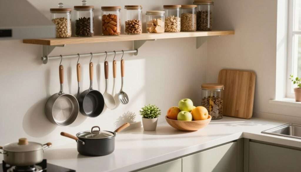 A tidy, decluttered kitchen scene showcasing a small yet functional space, focusing on maximizing organization. In the foreground, neatly arranged kitchen essentials like pots, pans, and utensils hang from a wall-mounted rack. The middle ground features a minimalist countertop with a small plant and an attractive fruit bowl, enhancing the inviting feel. In the background, open shelves display labeled jars and containers filled with dried goods, emphasizing organization. Soft, natural light streams through a window, casting gentle shadows and creating a warm atmosphere. The scene evokes a sense of calm and efficiency, making the viewer feel inspired to organize their own small kitchen on a budget. The angle is slightly elevated, providing a comprehensive view of the entire kitchen space. A tidy, decluttered kitchen scene showcasing a small yet functional space, focusing on maximizing organization. In the foreground, neatly arranged kitchen essentials like pots, pans, and utensils hang from a wall-mounted rack. The middle ground features a minimalist countertop with a small plant and an attractive fruit bowl, enhancing the inviting feel. In the background, open shelves display labeled jars and containers filled with dried goods, emphasizing organization. Soft, natural light streams through a window, casting gentle shadows and creating a warm atmosphere. The scene evokes a sense of calm and efficiency, making the viewer feel inspired to organize their own small kitchen on a budget. The angle is slightly elevated, providing a comprehensive view of the entire kitchen space.