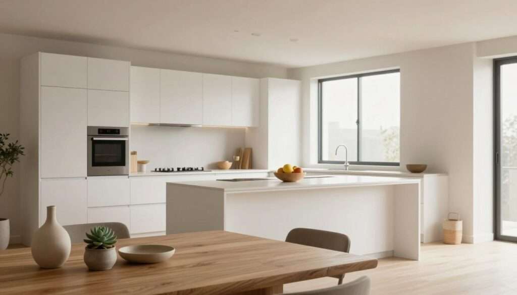 A tranquil minimalist kitchen featuring sleek, white cabinetry and a spacious layout that emphasizes openness. The foreground shows a simple wooden dining table with tasteful, natural decor like a small succulent and a single, elegant vase. In the middle, the kitchen island is adorned with stainless steel appliances, a subtle fruit bowl, and light wood accents. The background reveals an unobstructed view of large windows allowing soft, natural light to flood the space, creating a warm and inviting atmosphere. The color palette is neutral, highlighting earthy tones and clean lines, which conveys a calm and serene mood. Capture the scene from a slightly elevated angle to emphasize the depth and simplicity of the design, ensuring no clutter is in sight.