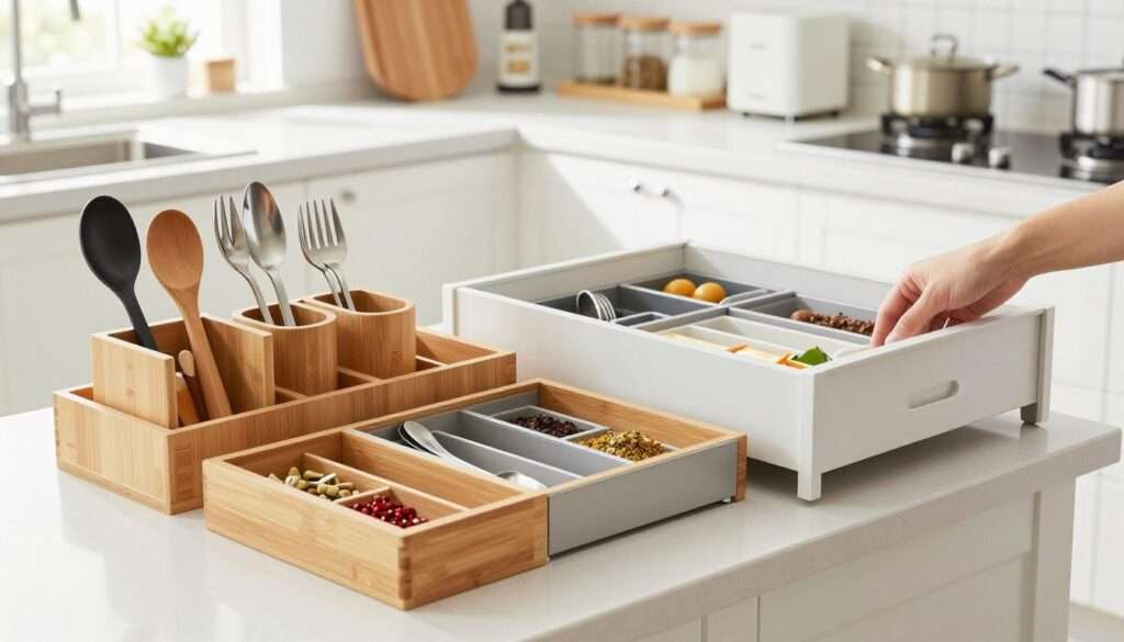 A well-lit kitchen scene featuring a variety of drawer organizers displayed on a countertop. In the foreground, a selection of different organizers made of bamboo, plastic, and metal, showcasing compartments for utensils, cutlery, and spices, neatly arranged to highlight their functionality. In the middle, a hand reaches towards a drawer to pull it open, revealing an organized interior filled with kitchen tools, optimally utilizing the space. The background includes a bright, airy kitchen with natural light streaming in through a window, illuminating the clean lines and modern style of the cabinetry. The mood is inviting and practical, emphasizing organization and efficiency. Use a wide-angle lens to capture the scene dynamically, enhancing the appeal of the kitchen setting. A well-lit kitchen scene featuring a variety of drawer organizers displayed on a countertop. In the foreground, a selection of different organizers made of bamboo, plastic, and metal, showcasing compartments for utensils, cutlery, and spices, neatly arranged to highlight their functionality. In the middle, a hand reaches towards a drawer to pull it open, revealing an organized interior filled with kitchen tools, optimally utilizing the space. The background includes a bright, airy kitchen with natural light streaming in through a window, illuminating the clean lines and modern style of the cabinetry. The mood is inviting and practical, emphasizing organization and efficiency. Use a wide-angle lens to capture the scene dynamically, enhancing the appeal of the kitchen setting.