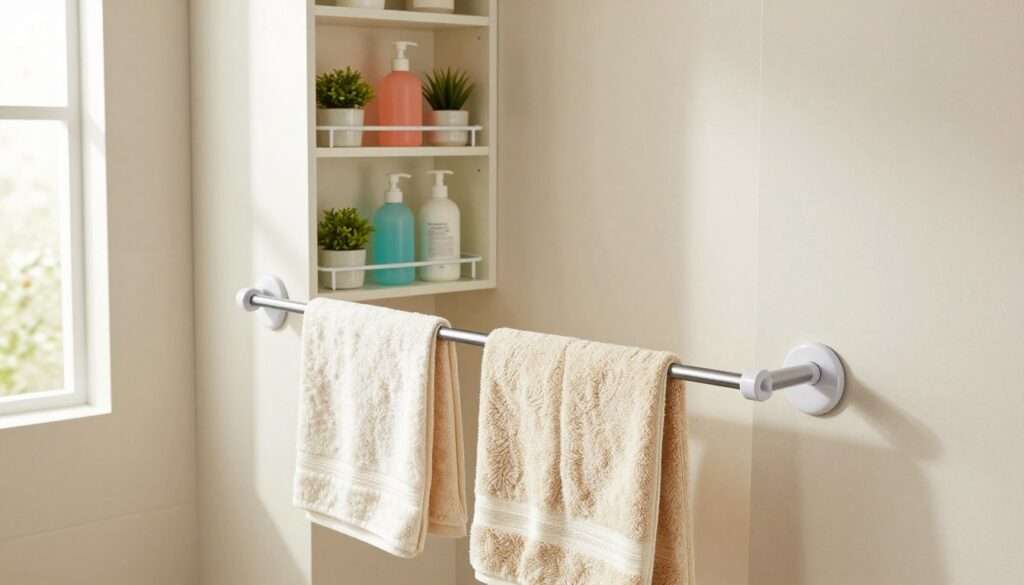 A well-organized bathroom scene showcasing innovative tension rod storage solutions. In the foreground, a sleek tension rod is positioned between two walls, holding neatly arranged towels and shower caddies. The middle ground features a cabinet with shelves utilizing pressure-mounted rods to maximize vertical space, displaying colorful toiletries and small potted plants for a refreshing touch. The background includes a softly lit bathroom area, with light streaming in from a frosted window, enhancing the organized feeling with a serene ambiance. The image is captured from a slightly elevated angle, emphasizing the clever use of space while maintaining a warm and inviting atmosphere. Natural, soft lighting highlights the textures of the towels and accessories, creating an appealing, clutter-free bathroom environment.
