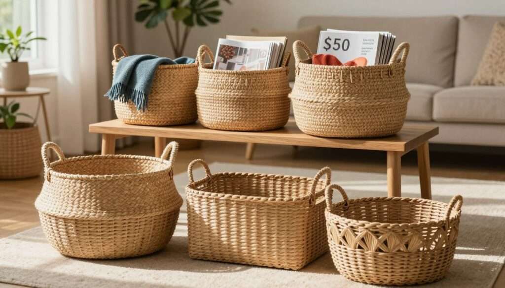 A well-organized display of stylish storage baskets, priced under $50, arranged in a cozy living room setting. In the foreground, focus on three different woven baskets in natural fibers, showcasing various sizes and textures, including a large round basket with handles, a mid-sized rectangular basket, and a small decorative basket. In the middle ground, a wooden shelf holds additional baskets filled with colorful throws and magazines, enhancing the functional and aesthetic appeal. The background features a softly lit living room with a neutral color palette, plants, and a comfy sofa. The lighting is warm and inviting, with gentle sunlight streaming in from a window. The overall mood is homey and practical, perfect for showcasing affordable storage solutions that elevate home décor.