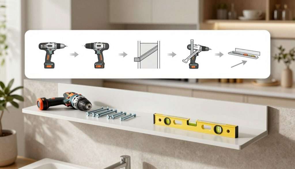 A well-organized installation guide layout featuring steps for floating shelf installation in a modern bathroom and kitchen. In the foreground, show a sleek floating shelf with a minimalist design, showcasing a neatly arranged set of tools, including a drill, screws, and a spirit level. In the middle ground, illustrate step-by-step diagrams of the installation process, with arrows and tips subtly included, but without text overlays. The background should reveal a stylish kitchen and bathroom setting, emphasizing clean lines, neutral colors, and decorative accents like potted plants and elegant dishware. Use soft, natural lighting to create a warm and inviting atmosphere, focusing on a slightly elevated angle for an appealing viewpoint. A well-organized installation guide layout featuring steps for floating shelf installation in a modern bathroom and kitchen. In the foreground, show a sleek floating shelf with a minimalist design, showcasing a neatly arranged set of tools, including a drill, screws, and a spirit level. In the middle ground, illustrate step-by-step diagrams of the installation process, with arrows and tips subtly included, but without text overlays. The background should reveal a stylish kitchen and bathroom setting, emphasizing clean lines, neutral colors, and decorative accents like potted plants and elegant dishware. Use soft, natural lighting to create a warm and inviting atmosphere, focusing on a slightly elevated angle for an appealing viewpoint.