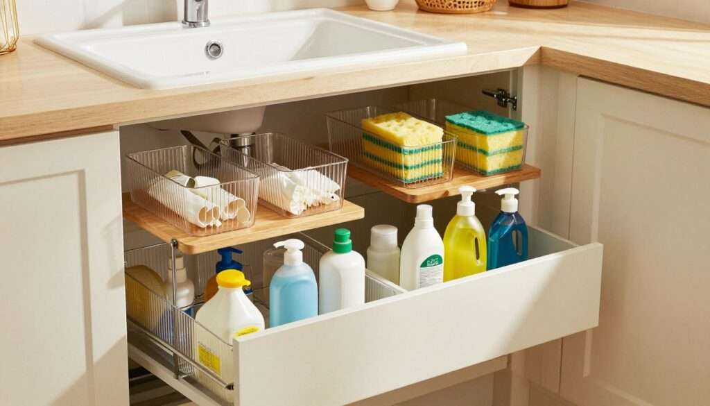 A well-organized kitchen and bathroom under-sink area featuring several different types of under-sink organizers. In the foreground, display a variety of elegant, clear storage bins, wooden shelves, and pull-out drawers filled with cleaning supplies, toiletries, and kitchen essentials like sponges and dish soap. The middle ground showcases these organizers neatly arranged under a sink with modern plumbing, while the background reveals a tidy bathroom and kitchen with soft, warm lighting, highlighting the effectiveness of the organizers. The angle should be slightly above eye level, focusing on the cleanliness and accessibility of the storage solutions. The atmosphere is practical yet inviting, promoting a sense of order and efficiency in home organization.