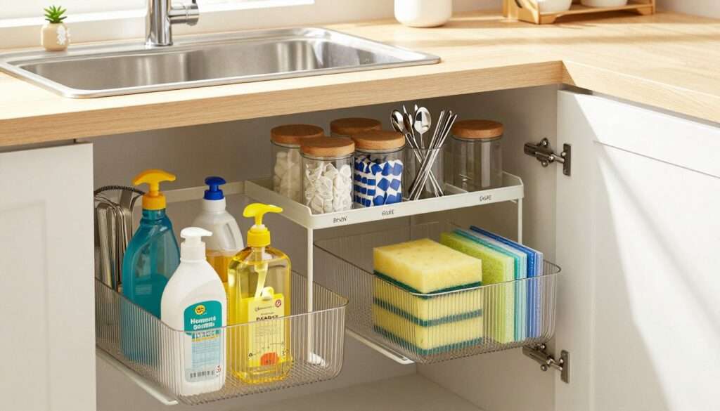 A well-organized kitchen cabinet with a focus on under-sink organizers. The foreground features an array of clear, stackable bins holding cleaning supplies, dish soap, and sponges, arranged neatly for easy access. In the middle, a two-tier shelving unit showcases labeled jars of kitchen essentials like trash bags and silverware, demonstrating effective use of vertical space. The background reveals a polished sink area with a decorative small plant, enhancing the feeling of cleanliness and order. Soft, natural lighting streams in from a nearby window, creating a warm and inviting atmosphere. The perspective is slightly above the cabinet level, allowing a comprehensive view of the organizational setup. Emphasizes the theme of measurement and careful arrangement to optimize cabinet space.