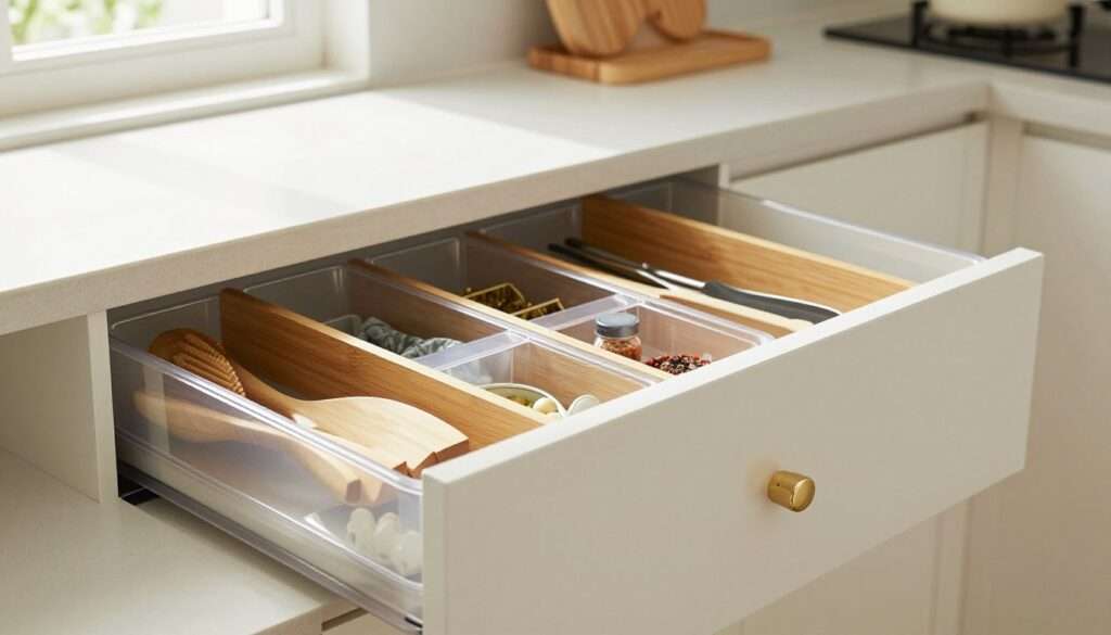 A well-organized kitchen drawer showcasing customizable organizers designed for non-standard spaces. In the foreground, focus on a variety of expandable storage compartments made of clear plastic and bamboo, neatly arranged to hold utensils, spices, and kitchen gadgets. The middle section captures the unique shapes of the drawer, featuring dividers that adjust to fit various items, illustrating versatility. The background softly blurs into a light-colored kitchen setting, emphasizing organization and cleanliness. Natural light filters in through a nearby window, casting gentle shadows to create an inviting atmosphere. The angle is straight on, allowing an unobstructed view of the creative drawer organization, highlighting functionality and style. The overall mood conveys smart organization and modern kitchen design. A well-organized kitchen drawer showcasing customizable organizers designed for non-standard spaces. In the foreground, focus on a variety of expandable storage compartments made of clear plastic and bamboo, neatly arranged to hold utensils, spices, and kitchen gadgets. The middle section captures the unique shapes of the drawer, featuring dividers that adjust to fit various items, illustrating versatility. The background softly blurs into a light-colored kitchen setting, emphasizing organization and cleanliness. Natural light filters in through a nearby window, casting gentle shadows to create an inviting atmosphere. The angle is straight on, allowing an unobstructed view of the creative drawer organization, highlighting functionality and style. The overall mood conveys smart organization and modern kitchen design.