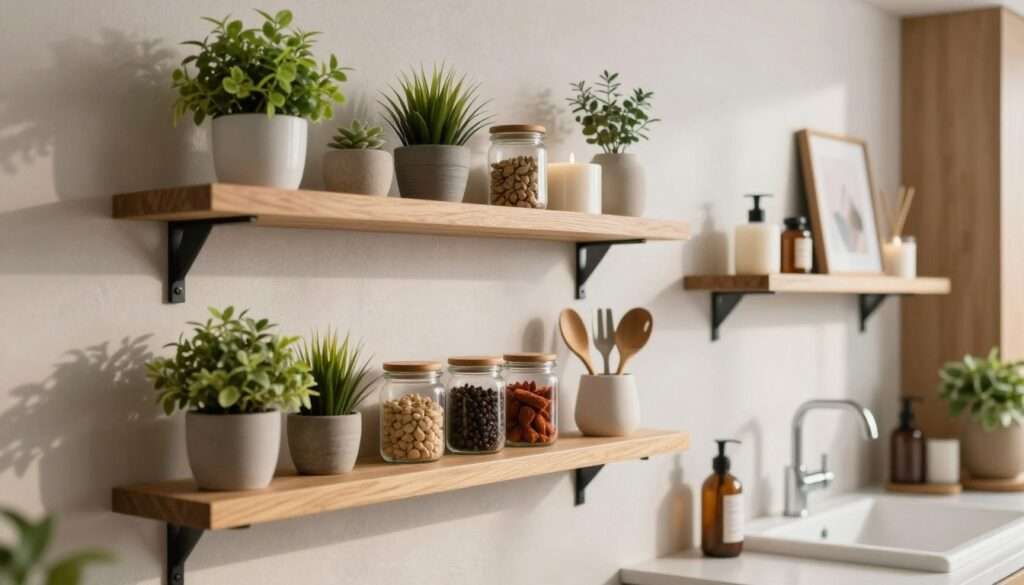Elegant floating shelves adorned with stylish decor for both a modern bathroom and kitchen. In the foreground, a set of wooden shelves displaying neatly arranged potted plants, aromatic spices in jars, and decorative kitchen utensils. The middle section showcases the shelves mounted on a textured backsplash, with soft natural light illuminating the scene to create a warm and inviting atmosphere. A glimpse of clean, minimalist bathroom accessories like candles and toiletries on the adjacent shelf complements the design. The background features a hint of a sleek sink and countertops, maintaining a balanced composition. Shot from a slightly elevated angle to emphasize functionality and artistry, with a depth of field that softly blurs the background for focus on the shelves. The overall ambiance is cozy and stylish, reflecting the best of contemporary home design. Elegant floating shelves adorned with stylish decor for both a modern bathroom and kitchen. In the foreground, a set of wooden shelves displaying neatly arranged potted plants, aromatic spices in jars, and decorative kitchen utensils. The middle section showcases the shelves mounted on a textured backsplash, with soft natural light illuminating the scene to create a warm and inviting atmosphere. A glimpse of clean, minimalist bathroom accessories like candles and toiletries on the adjacent shelf complements the design. The background features a hint of a sleek sink and countertops, maintaining a balanced composition. Shot from a slightly elevated angle to emphasize functionality and artistry, with a depth of field that softly blurs the background for focus on the shelves. The overall ambiance is cozy and stylish, reflecting the best of contemporary home design.
