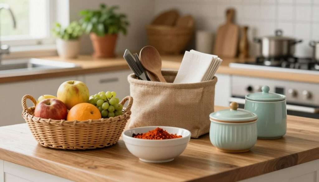 Lush wooden kitchen countertop adorned with a variety of stylish baskets and decorative bowls, expertly arranged for optimal organization. Foreground features a woven rattan basket filled with fresh fruits, a chic ceramic bowl holding vibrant spices, and a small decorative container in a calming pastel color. In the middle ground, a larger, textured jute basket elegantly displays kitchen essentials such as utensils and napkins. The background is softly blurred, showcasing a well-lit kitchen with hints of greenery from potted herbs on the countertop. Natural light filters through a nearby window, creating a warm and inviting atmosphere. The composition captures a cozy, clutter-free kitchen aesthetic, emphasizing practicality and style in organization.