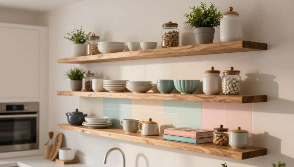 Stylish kitchen wall shelves displayed in a warm, inviting setting. The foreground features elegant wooden shelves with a rustic finish, adorned with neatly arranged kitchenware, including decorative jars, plants, and cookbooks. The middle layer showcases a vibrant backsplash in soft pastel colors, enhancing the appeal of the shelves. In the background, a cozy kitchen scene is visible, complete with modern appliances and soft lighting casting a warm glow. Use a shallow depth of field to focus on the shelves while gently blurring the background for a serene atmosphere. Capture a feeling of warmth and sophistication, perfect for a beautiful kitchen decor display. The overall composition should be bright, adding a touch of elegance to the culinary space.